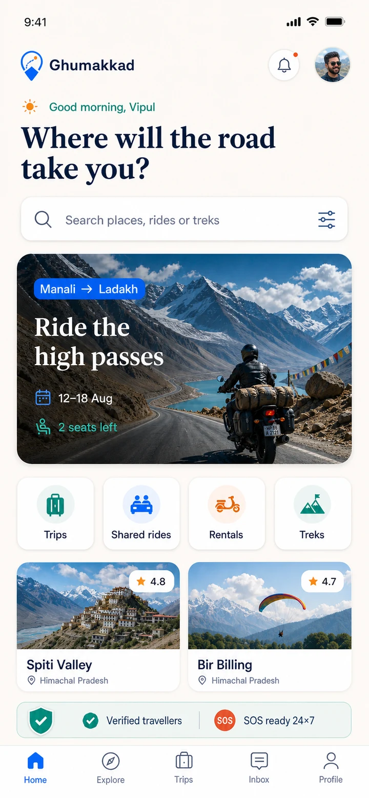 Ghumakkad home screen showing a Manali to Ladakh trip