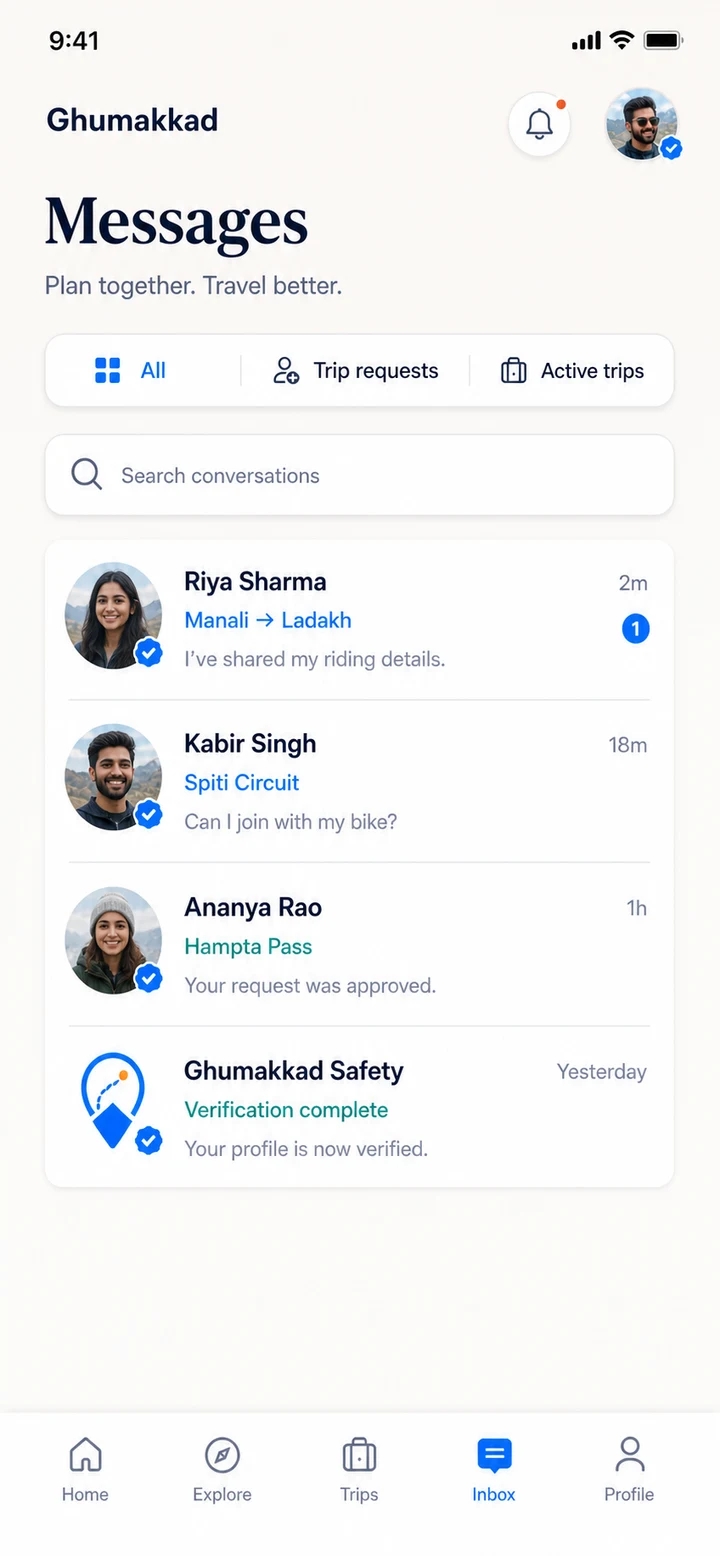 Ghumakkad inbox with trip conversations