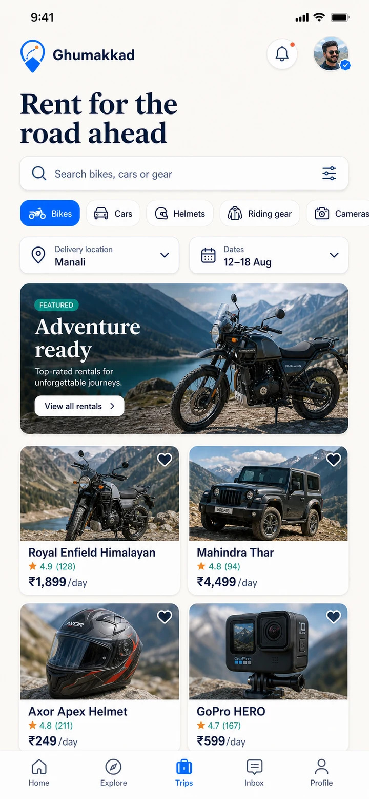 Rent the ride and gear your trip needs. screen in Ghumakkad
