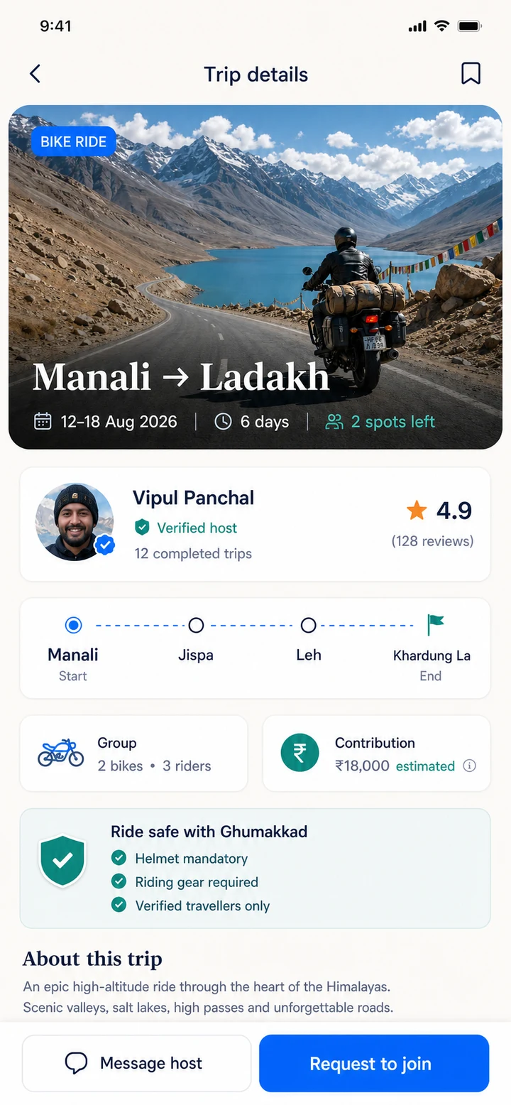 Ghumakkad trip details and join request screen